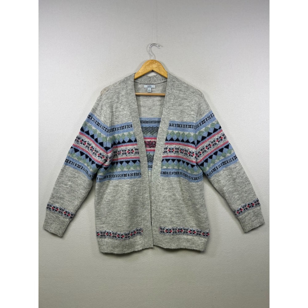 Grandmacore Croft‎ & Barrow Women LG Gray Fair Isle Open Front Cardigan Sweater